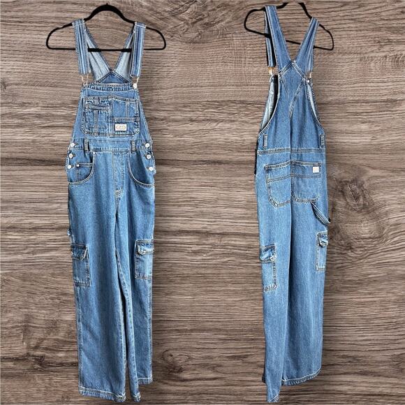 Lana Roux Women's Size XS 90's Retro Revolt Denim Jumpsuit Cargo Overalls Blue - Picture 1 of 11